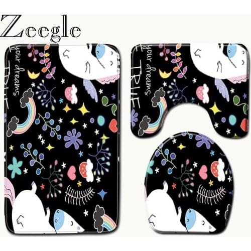 Zeegle 3pcs/set Non-Slip Flannel Bathroom Rug Toilet Lid Cover Bath Mat Cartoon Pattern Floor Mat Memory Foam Mat