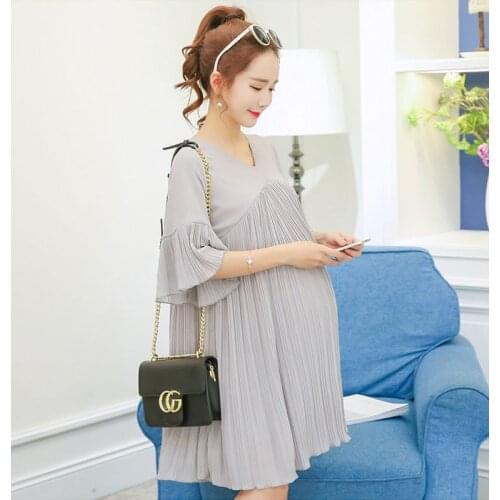 New Maternity Dress V-Neck Chiffon Cloth for Pregnant Women Fashion Loose Long Pregnancy T-shirt Pleated A Line