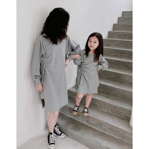 Mom and Daughter Matching Clothes Cotton Casual Sweatshirt Dress Lantern Sleeve Mother Daughter Dresses Matching Family Outfits