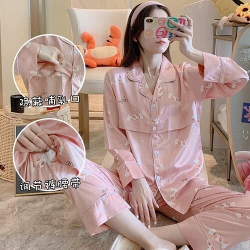 Nursing Pajamas Maternity Nightgown Breastfeeding Sleepwear Silk Feel Soft Printing Pregnancy Nursing Pyjama Homewear Lounge