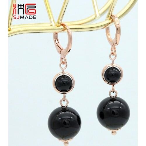 SJMADE New Long Round Onyxs Turquoises Gold Sand Stone Dangle Earrings 585 Rose Gold Women Fashion Party Jewelry Gift Eardrop