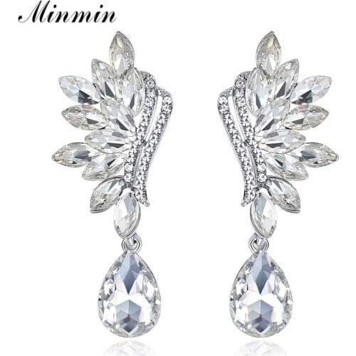Minmin Horse Eyes Leaf Shape Wedding Drop Earrings Sparkling Silver Color Crystal Teardrop Hanging Earrings Women Jewelry EH1043