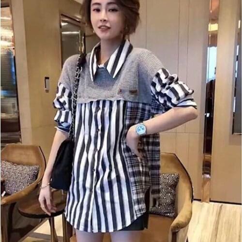 Knitted stitched vertical stripe shirt fake two loose top womens Korean version 2021 spring and autumn new style