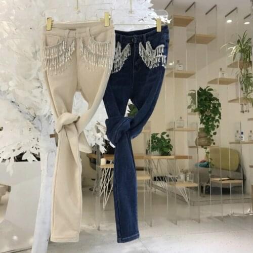 Heavy Beaded Pencil Pants High-waisted Plush Velvet Super Stretchy Jeans Vintage Streetwear Pantalones De Mujer Cintura Alta