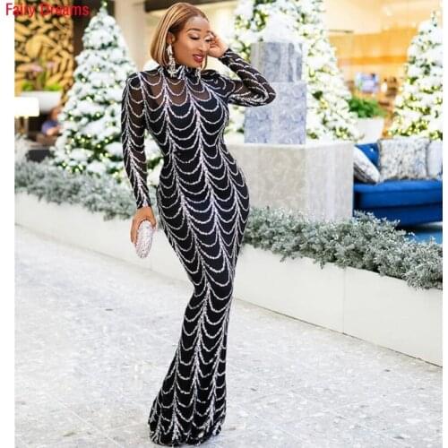 Party Dress African Womens Long Sleeve Evening Dresses Elastic Sequin Beads Mermaid 2 Piece Gold Silver Color Ladies Clothes