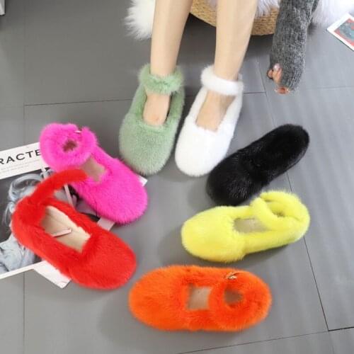 Mink WomenS Shoes Autumn Winter 2021 Shallow Mouth Bandage Leather Shoes WomenS Clothing Plush Cotton Spoon Shoe