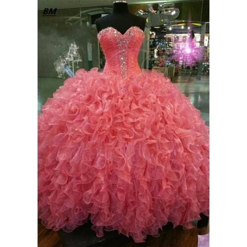 BM Newest Quinceanera Dresses 2021 Ball Gown Beaded Organza Sweet 16 Lace Up Prom Party Debutante Vestidos De 15 Anos BM341