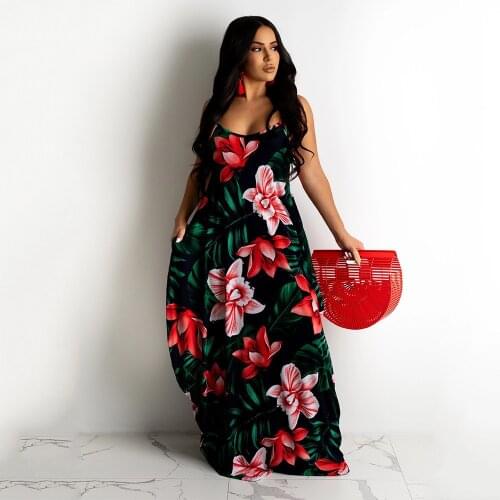 Boho Flower Leaf Print Long Maxi Strap Dresses Women Summer 2021 Sexy Sleeveless Sundress Casual Loose Dress Vestidos De Mujer