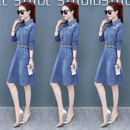 Fashion Denim Dress Female Spring Autumn 2019 New Casual Embroidered Single-Breasted Lace Up Long Sleeves Midi Dress Vestidos