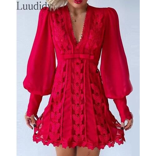 Women Sexy Deep V Neck Sheer Mesh Puff Sleeve Butterfly Lace Mini Dress