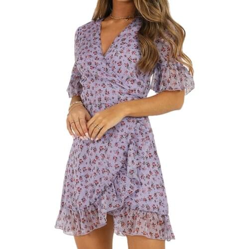 Women Ladies Floral Printed Ruffles Elegant Sexy Fashion Summer Casual Short Sleeve Tunic Mini Dress