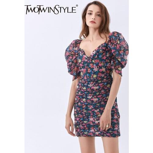TWOTWINSTYLE Elegant Printed Dress For Women V Neck Puff Sleeve High Waist Hit Color Dresses Female 2020 Summer Fashion New Tide