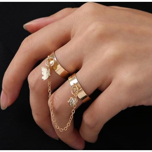 Korean Vintage Zircon Butterfly Rings for Women 2021 New Punk Chain Rings Open Adjustable Ring Gothic Jewelry Party Gift