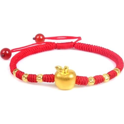 Pure Gold 3D Hard Gold Apple Gift Transfer Beads Hand Link Road Pass Red Rope Gold Bracelet Female For Women Gift 6.3inch