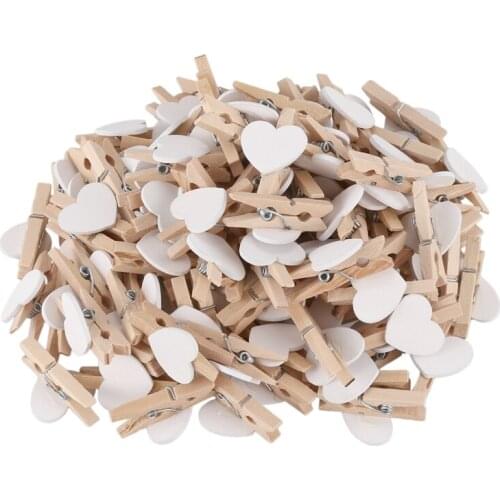 Party Photo Paper Heart Shape Crafts Mini Wooden Clip Peg 100 Pcs White