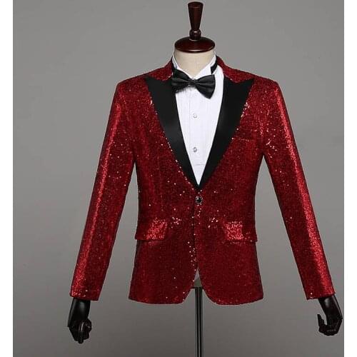 Shiny Red Flip Sequins Shawl Collar Tuxedo Sequined Coat Men Wedding Groom Singer Prom Glitter Suit Jackets DJ Club Stage Blazer
