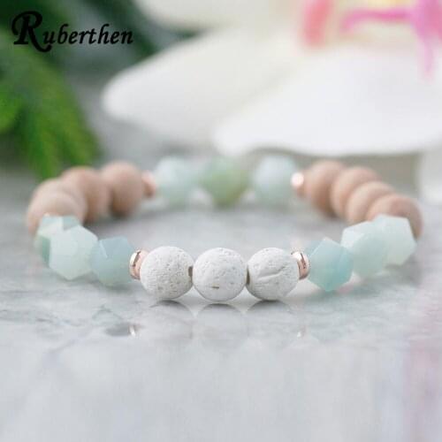 Ruberthen Cutted Amazonite Essential Oil Diffuser Bracelet Aqua Gem stone Jewelry Aromatherapy Anxiety Relief Healing Crystals