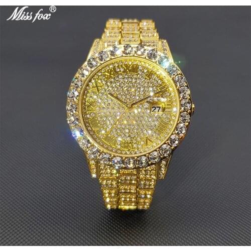 MISSFOX Mens Gold Watches Classic Business Ice Out Diamond Couple Quartz Watches Calendar Droshipping relogio masculino de luxo