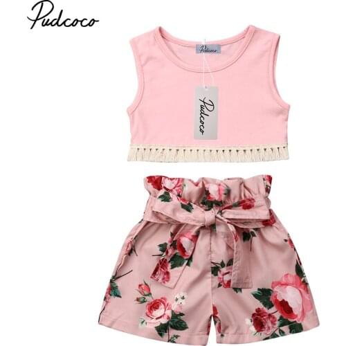 Pudcoco 2019 Toddler Kids Baby Girl Pink Tank Tassel Top match Floral shorts Summer Sleeveless 2PCS infant girl Clothes 1-6T