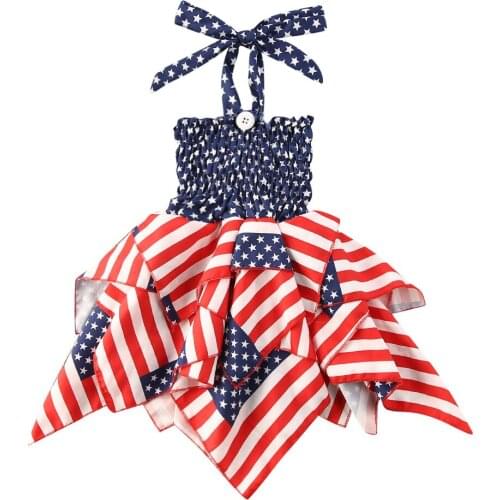 Toddler Baby Girls Ruffle Dress 4th of July American Flag Stripe Stars Print Halter Suspender Mini Dress