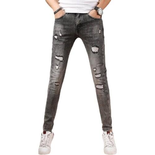 Jeans Men Summer Skinny Jeans Men Casual Gray Stretch Ripped Pants Streetwear Mens Slim Fit Denim Trousers Blue