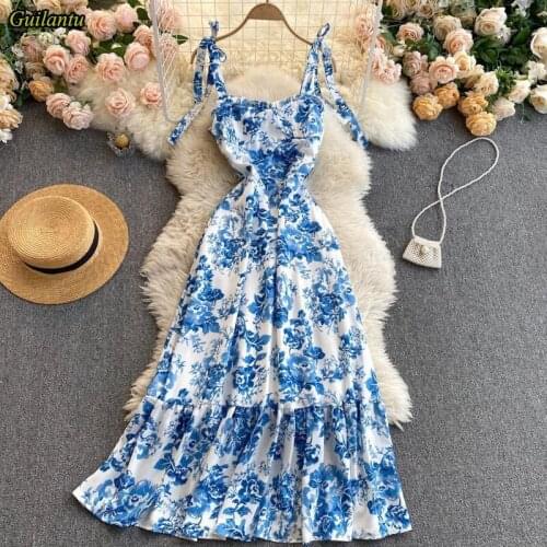 Guilantu Summer Bohemian Ruffles Dress Women Spaghetti Strap Backless Sexy Long Dress Print Floral Vintage Bach Strappy Dresses