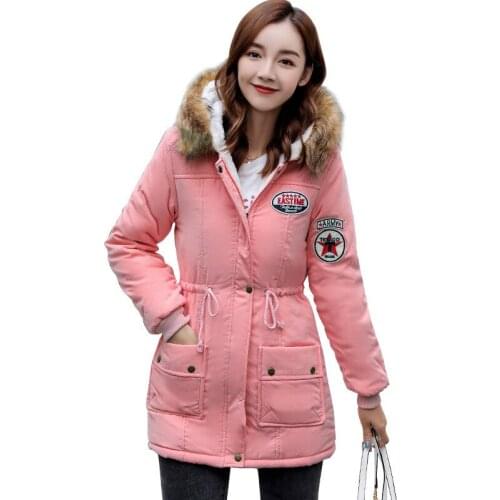 Mid-length Cotton Coat Women Autumn Winter New Fashion Thick Hooded Fur Collar Drawstring Slim Multicolor Mid-length Coat JD1488
