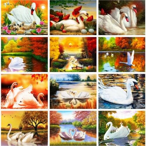 HUACAN 5D Diamond Painting Swan Diamond Embroidery Cross Stitch Natural Landscape Mosaic Animal Fall Decorations