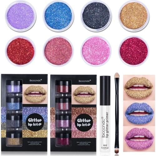 New Glitter Lip Kit 4color/Set Shinning Lips Glitter Powder With Primer Brush Waterproof Kissproof Glittering Party Makeup