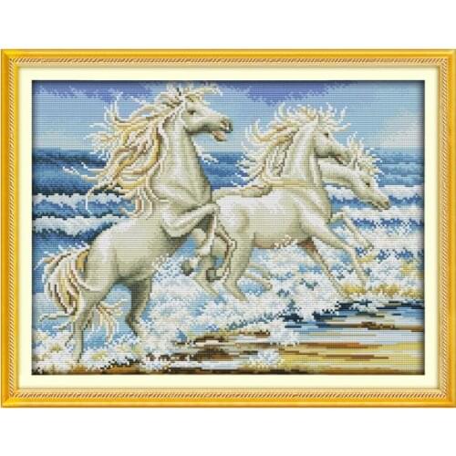 The horses by the sea cross stitch kit 14ct 11ct animal patterns count print canvas stitching embroidery DIY handmade needlework
