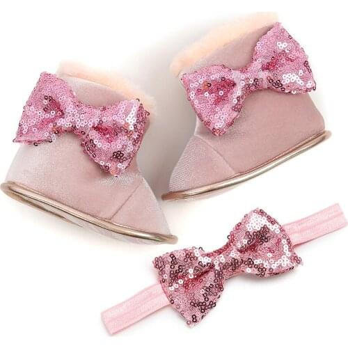 New Thick Baby Winter Boots Toddler Newborn Solid Color Baby Shoes First Walkers + Hairband Keep Warm Snowfield Booties for Girl