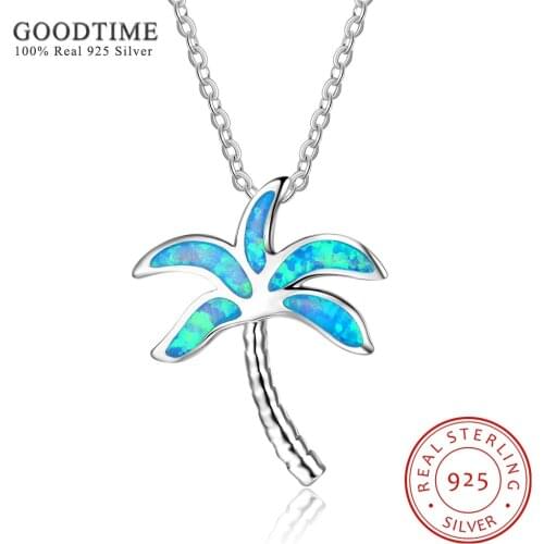 Blue Opal Necklaces For Women Trendy Coconut Tree Pendants & Necklaces Genuine 925 Sterling Silver Women Jewelry Birthday Gifts