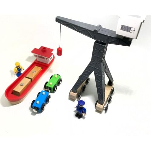 P145 Wooden Track Scene Accessories Port Terminal Cargo Ship and Crane Crane Suitable for wooden plastic train track toy