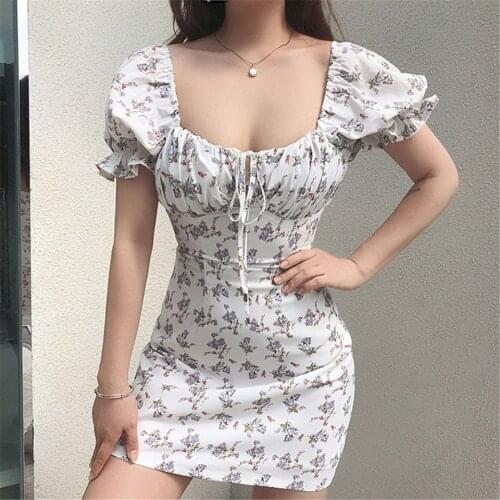 Short Puff Sleeve Dress Flroal Dresses for Women Sexy Low Cut Women Summer Casual Vintage Bodycon Sling Mini Dresses Female Robe