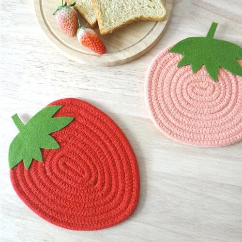Cartoon Red Strawberry Fruit Placemat for Dining Table Drink Tea Coaster Cup Dish Drying Mat Pad Cotton Pot Holders Home Decor