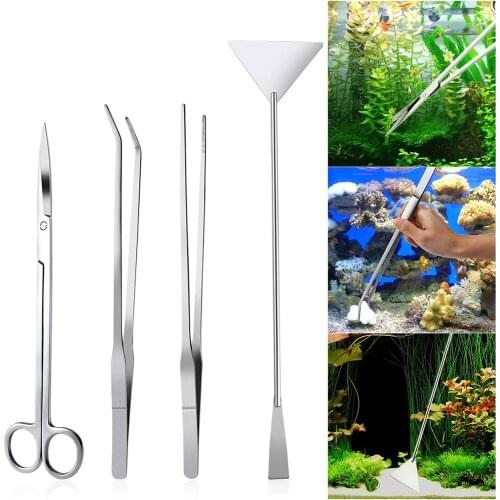 Stainless Steel Lengthened Aquatic Tweezers Tool Flat Sand Shovel Curved Scissors Fish Tank Landscaping Planting Set