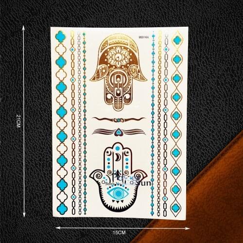 1PC Hot Flash Waterproof Decals Gold Silver Tattoo Hamsa Hand Eye Choker Design Women Henna Blue Temporary Tattoo Sticker PYH08