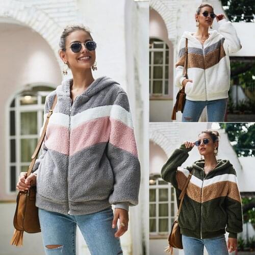Women Jacket 2021 New Warm Plush Casual Loose Hooded Coat Mixed Color Patchwork Winter Outwear Zipper Ladies Parka Coats