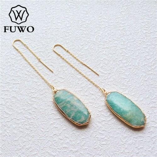 FUWO Natural Amazonite Stone Threader Earrings With 24K Gold Filled Minimalist Design Green Stone Earrings For Women ER028
