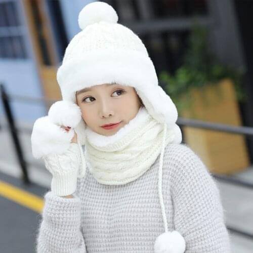 Woman Winter Thick Knitted Hat and Gloves Sets For women Plus Velvet Warm Fashion Girls Pompoms Beanie Scarf Gloves 3 Pieces/Set