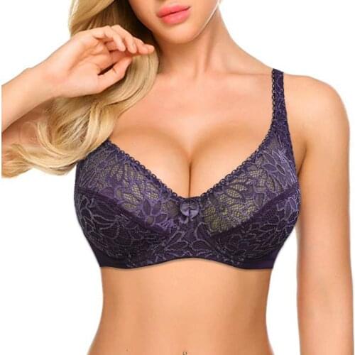 Womens Lace Bra Lager Cup Perspective Bralette Tops Plus Size Underwired Sexy Lingerie B C D DD E F Cup Multiple Colors