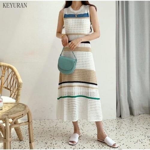 New Summer Fashion Hollow Out Knitted Dresses Women Sleeveless Striped Patchwork Korean Elegant A-Line Long Dress Vintage