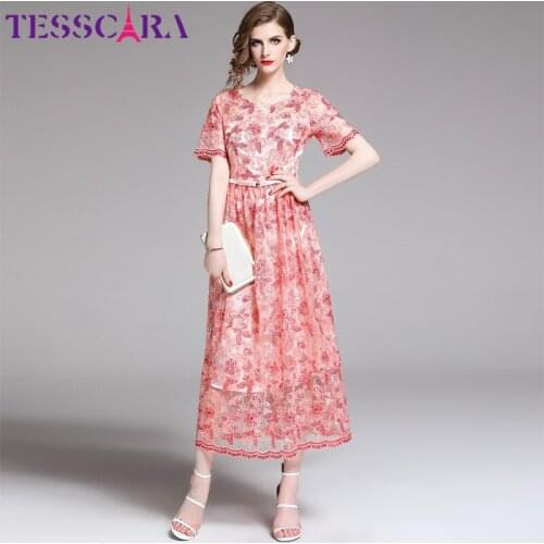 TESSCARA Women Luxury Embroidery Mesh Dress Female Elegant Wedding Party Robe Femme Designer High Quality Flower Girl Vestidos