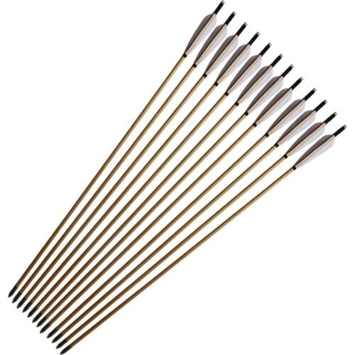 12pcs Natural Wooden Arrows 33inch with White Turkey Feather and Iron Tips for 35-60lbs Bows for Recurve Bow Archery Shooting