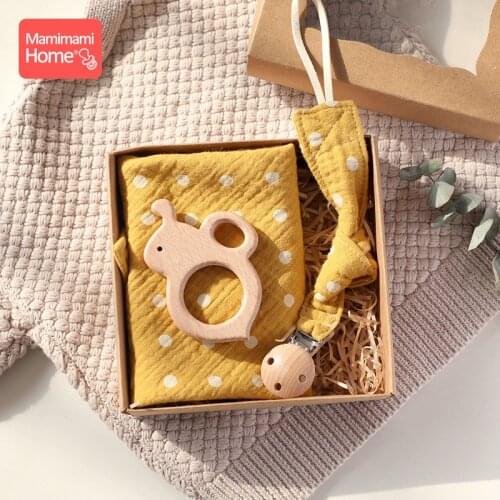 3Pcs/Set Baby Bibs Dot Cloths Bandana Pacifier Chain Cilp BPA Free Wooden Rodent Teether Cotton Drool Bib Nurse Accessories Gift