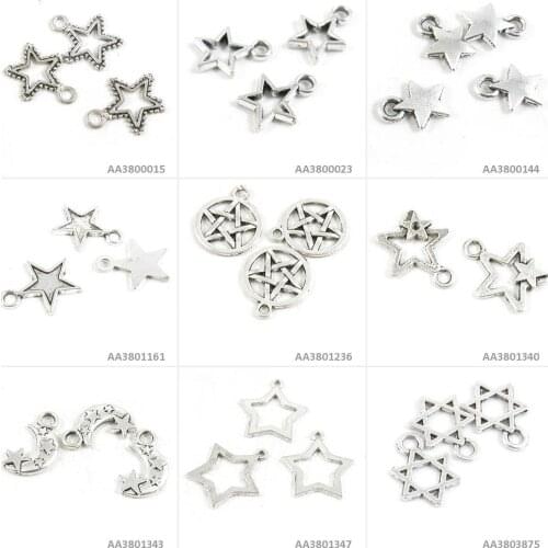 Antique Silver Tone Jewelry Making Charms Star of David Five-pointed Moon Bracelet Pendant Necklace