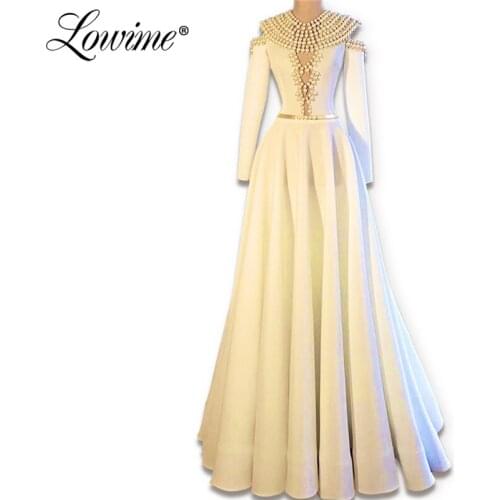Pearls Beaded Ivory Party Dress Custom A Line Satin Prom Dresses Long 2020 Formal Dubai Arabic Evening Gowns Robe De Soiree
