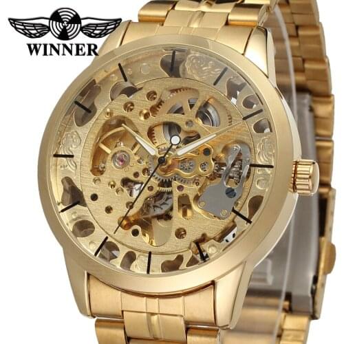 WINNER Men Gold Watches Skeleton Mechanical Watch tainless Steel Band Luxury Brand Sports Top Luxury Brand Heren HorlogeLuxury