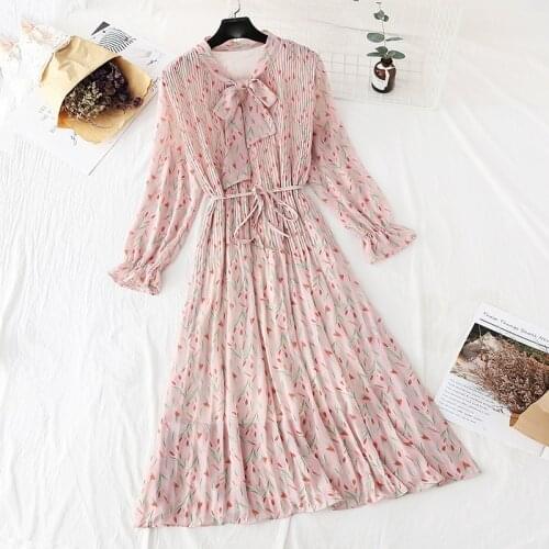 Elegant Women Floral Print Dress 2020 New Spring Autumn Female Casual Long sleeve Pleated Chiffon Vintage A-line Dress Vestidos