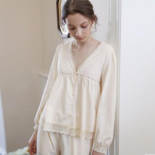 French luxury White women Sexy 2PCS Set Pajamas cotton Pyjamas Sweet lace Sleepwear Nightwear Spring Autumn Home Wear